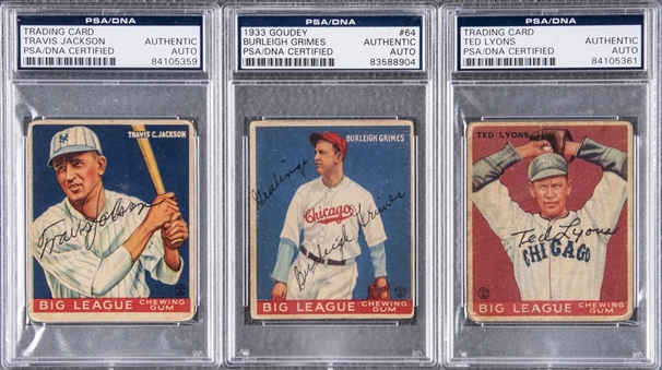 1933 Goudey Signed Hall Of Famers Trio (3 Different) Including Travis Jackson, Burleigh Grimes and Ted Lyons - PSA/DNA